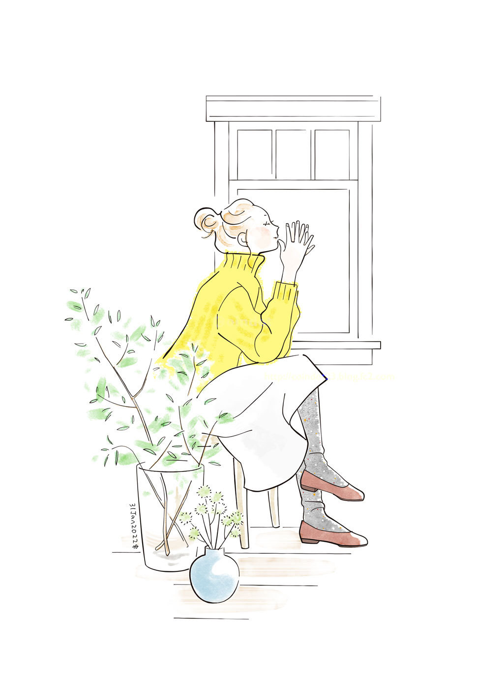 水彩風の塗りのデジタルイラスト。室内で女の子が椅子に座り、顔に軽く手を当てて何かを思い浮かべているようなポーズを横から描いている。女の子の鮮やかな黄色いニットがアクセント。手前に大きな枝を挿した花瓶と小さな花瓶。